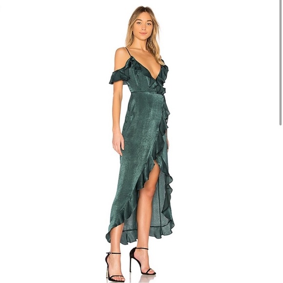 Revolve MAJORELLE Forest Green Sausalito Hi Low Dress Ruffle Emerald Wrap Dress - Picture 1 of 3